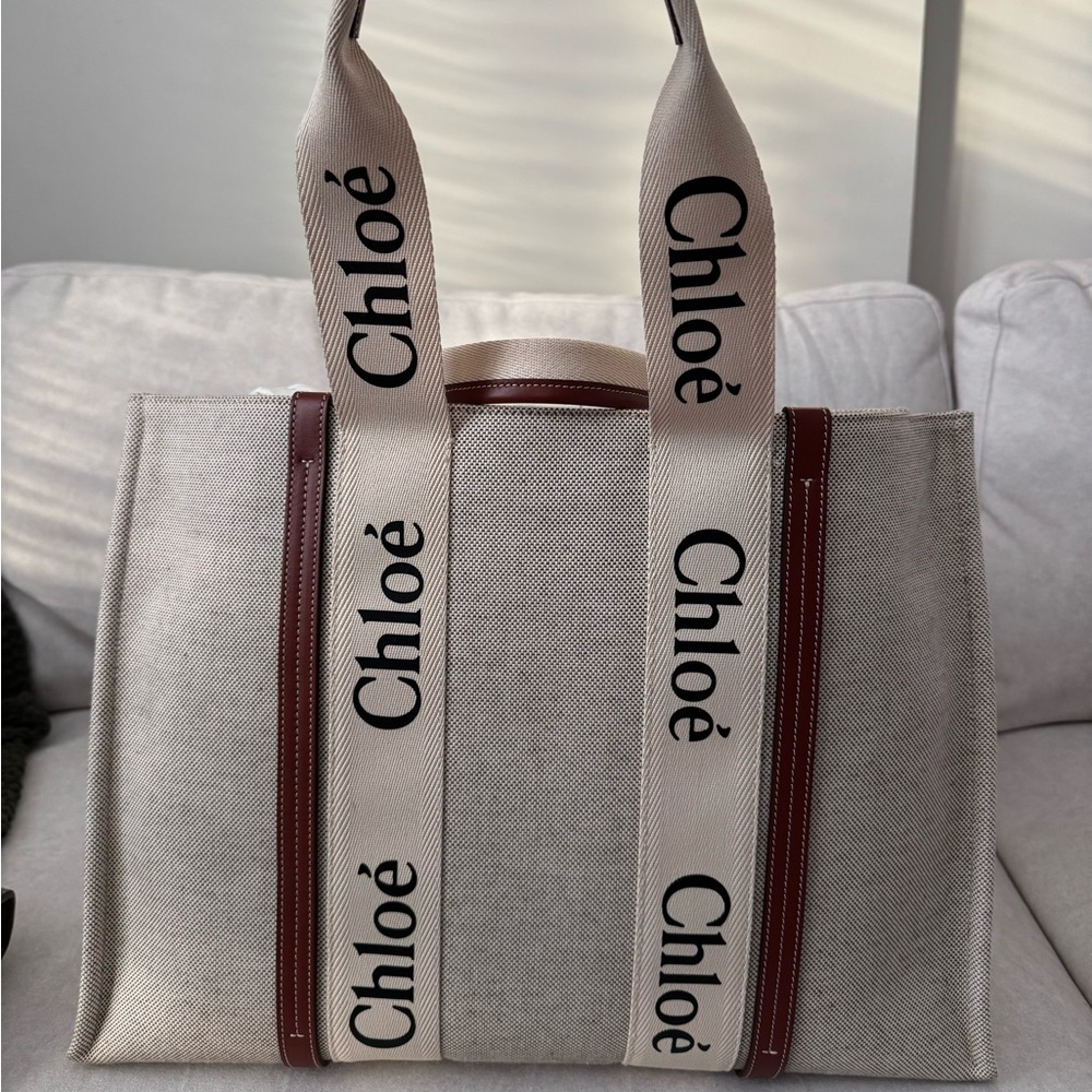 Chloé Beige Canvas Tote with Brown Trim and Branded Straps